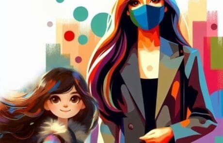 Ilustración del capítulo de la audiencia: Carolina acompañada de una mujer con mascarilla.