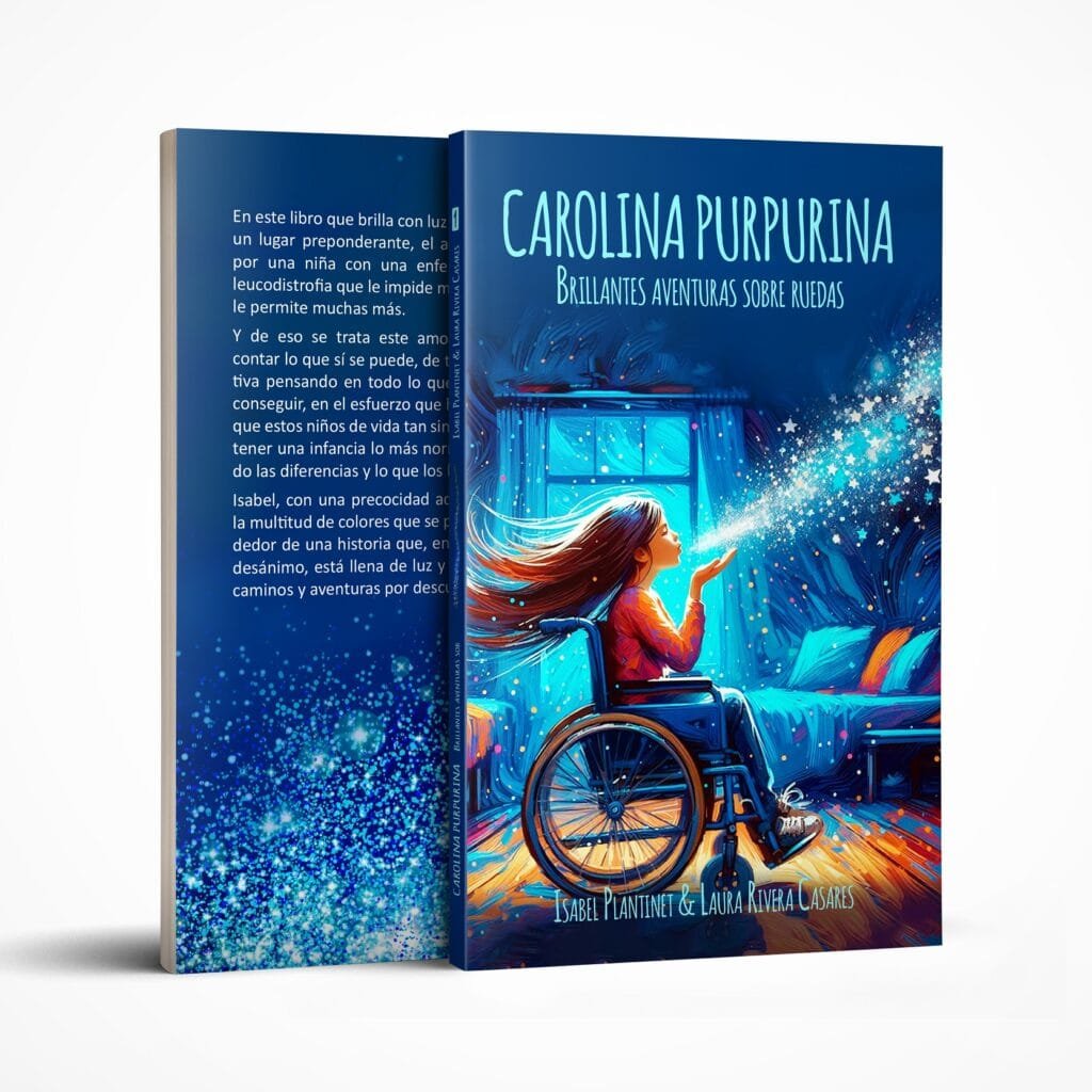 Bildmontage des Buches „Carolina Purpurina. Brillantes aventuras sobre ruedas“, mit der Vorder- und der Rückseite.