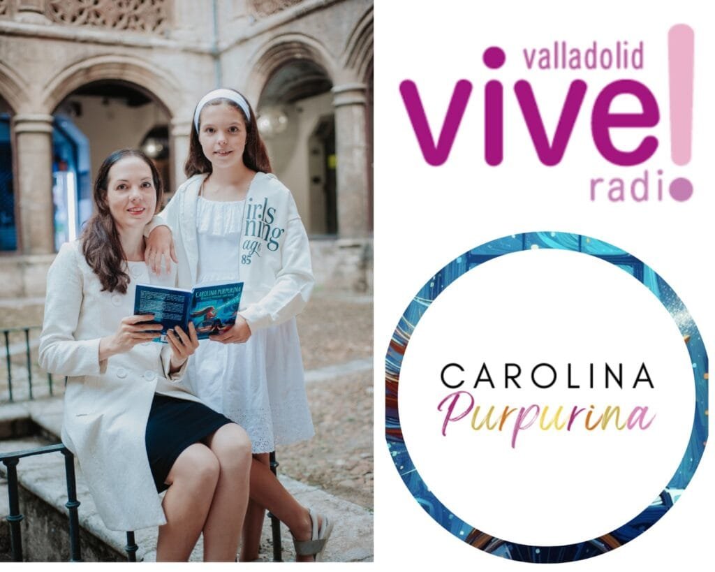 Eine Frau und ein Mädchen halten das aufgeschlagene Buch in einem Kreuzgang, neben dem Logo von Vive! Radio Valladolid.