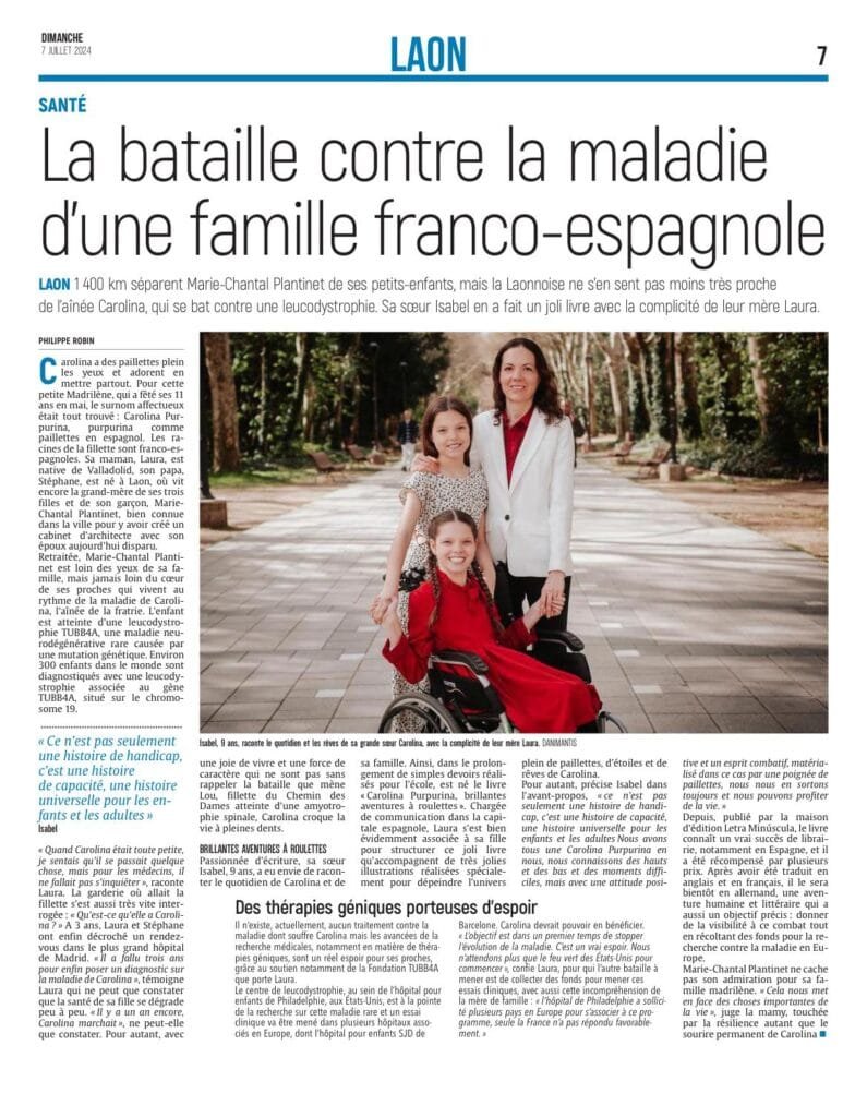Seite einer französischen Zeitung: „La bataille contre la maladie d’une famille franco-espagnole“, mit der Familie in einem Park.