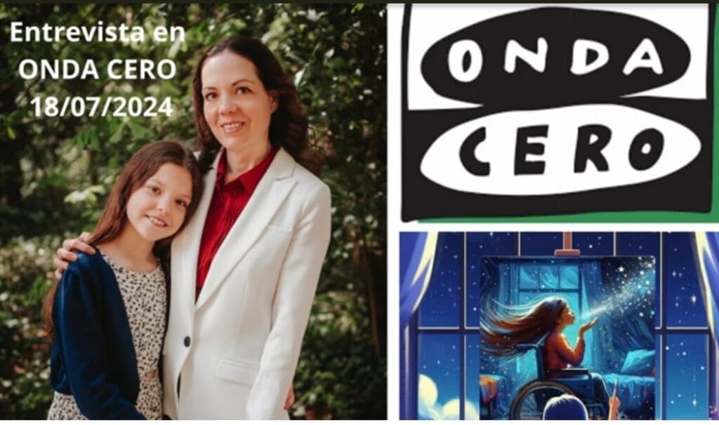 Bildmontage der Ankündigung des Interviews bei Onda Cero: eine Frau umarmt ein Mädchen, neben dem Logo und der Titelseite des Buches.