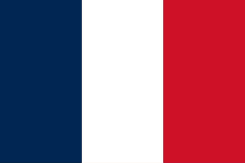 Flagge Frankreichs: drei senkrechte Streifen in Blau, Weiß und Rot.
