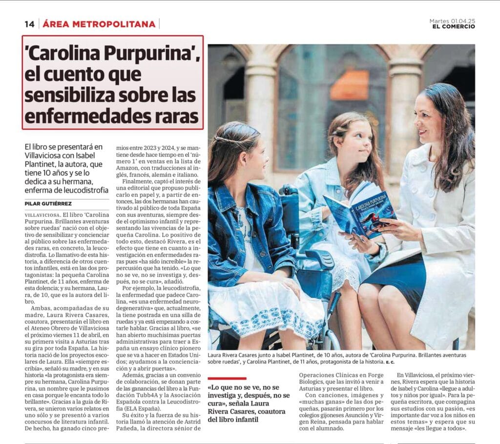 Artikel der Zeitung El Comercio über Carolina Purpurina, mit einem Foto der beiden Schwestern und ihrer Mutter beim Lesen des Buches.
