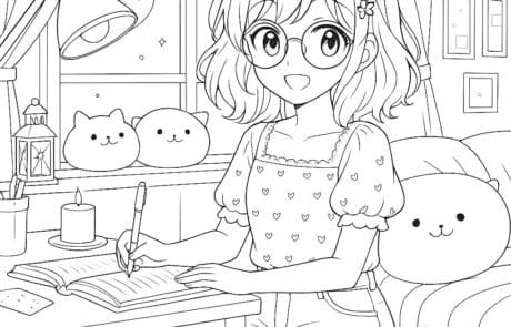 Dibujo para colorear: Isabel escribe en su cuaderno de noche, junto al flexo y sus cojines.