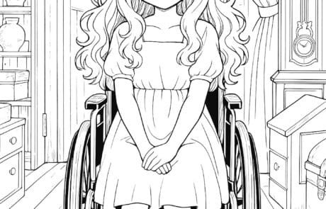 Dibujo para colorear: Carolina, en su silla de ruedas y con vestido de fiesta, junto a un reloj de pie.