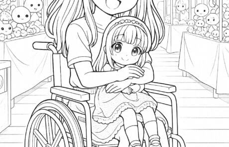 Dibujo para colorear: Carolina guiña un ojo en la feria, con una muñeca en el regazo y casetas de peluches al fondo.