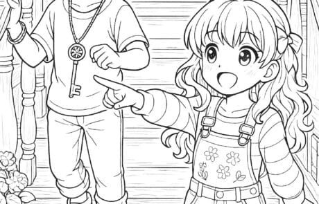Dibujo para colorear: un niño con una gran llave al cuello y María señalando, en la escalera de madera.