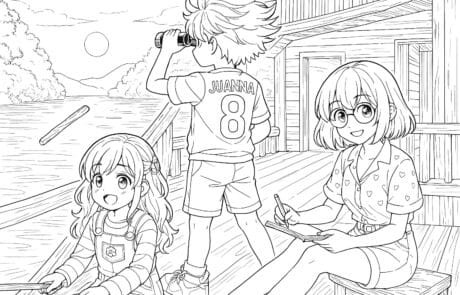 Dibujo para colorear: los hermanos en un embarcadero; Juanma mira con prismáticos e Isabel escribe en su cuaderno.