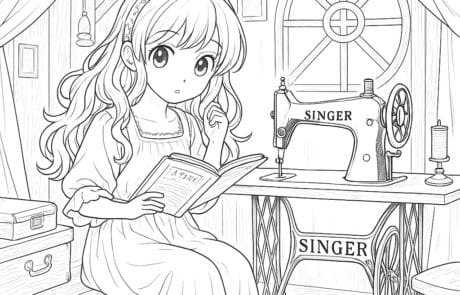 Dibujo para colorear: Carolina lee un libro en el desván, junto a una vieja máquina de coser.