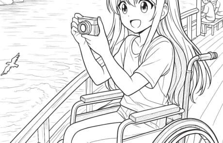 Dibujo para colorear: Carolina hace una foto con su cámara desde el embarcadero, con una gaviota al fondo.