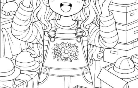 Dibujo para colorear: María se prueba un sombrero de flores en un desván lleno de sombrereras.