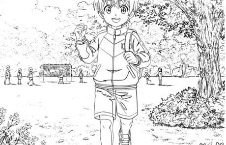 Dibujo para colorear: Juanma corre por el parque con su mochila, con una portería al fondo.