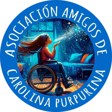 Logo de la Asociación Amigos de Carolina Purpurina: una niña en silla de ruedas sopla purpurina en una habitación azul noche.