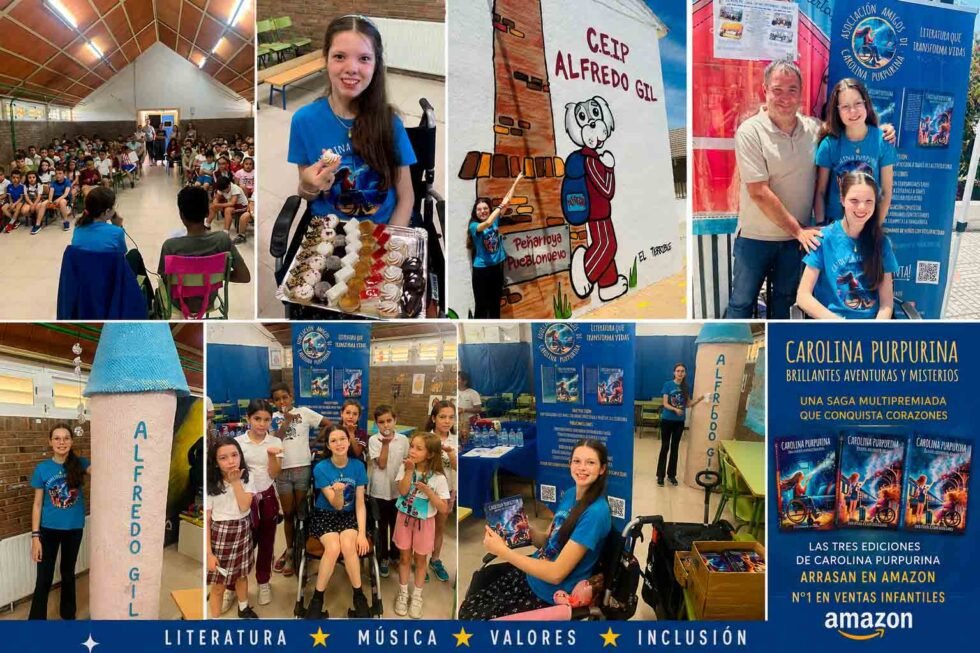 Mosaico de la jornada en el CEIP Alfredo Gil: charla, mural del colegio, puesto de libros y foto de grupo.