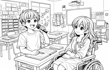Dibujo para colorear: en clase, un niño canta con un micrófono junto a Carolina, sentada en su silla de ruedas.