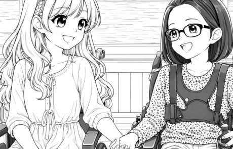 Dibujo para colorear: Carolina y una amiga con gafas, las dos en silla de ruedas, se dan la mano ante un gran ventanal.