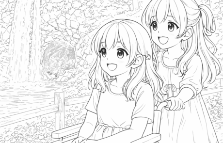 Dibujo para colorear: una amiga empuja la silla de ruedas de Carolina por un sendero, con una cascada al fondo.