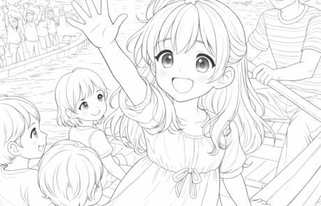 Dibujo para colorear: una niña saluda con la mano desde una barca de remos, rodeada de otros niños.