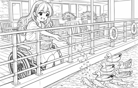 Dibujo para colorear: desde la cubierta de un barco, Carolina lanza comida a los patos y a los peces.
