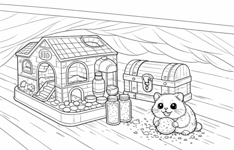 Dibujo para colorear: un hámster mordisquea una galleta junto a su casita y un cofre del tesoro.