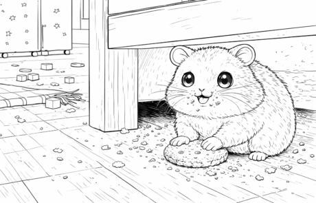 Dibujo para colorear: un hámster asoma bajo la cama con una galleta entre las patas.