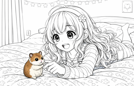 Dibujo para colorear: una niña tumbada en la cama juega con un hámster de color marrón.