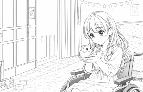 Dibujo para colorear: Carolina, en su silla de ruedas, sostiene un hámster en las manos en su habitación.