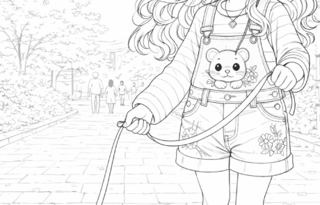 Dibujo para colorear: una niña con peto pasea a un hámster con correa por un parque.