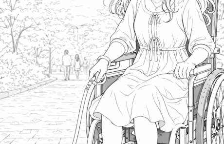 Dibujo para colorear: Carolina, en su silla de ruedas, pasea a un hámster con correa por un parque.