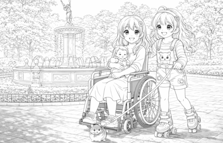 Dibujo para colorear: Carolina, con un bebé en brazos, y una niña en patines que lleva un hámster con correa, junto a una fuente.