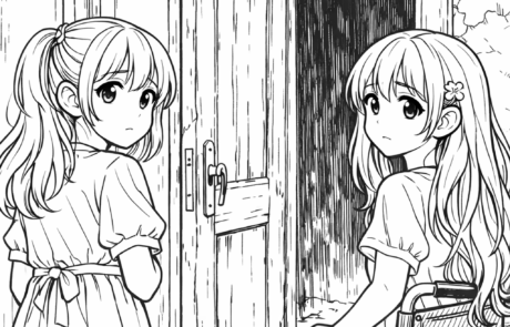 Dibujo para colorear: Carolina, en su silla de ruedas, y una niña se vuelven ante una puerta abierta sobre un cuarto oscuro.