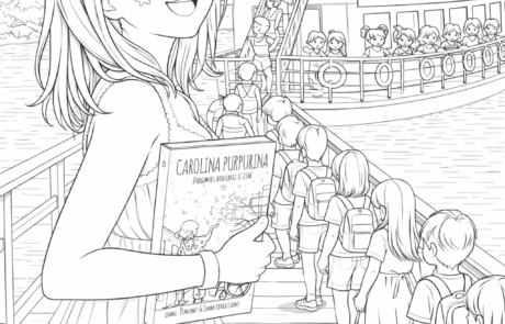Dibujo para colorear: una niña sostiene un libro de Carolina Purpurina en un embarcadero, mientras un grupo de niños sube a un barco.
