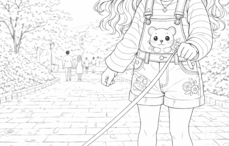 Dibujo para colorear: una niña en patines pasea a un hámster con correa por un parque.